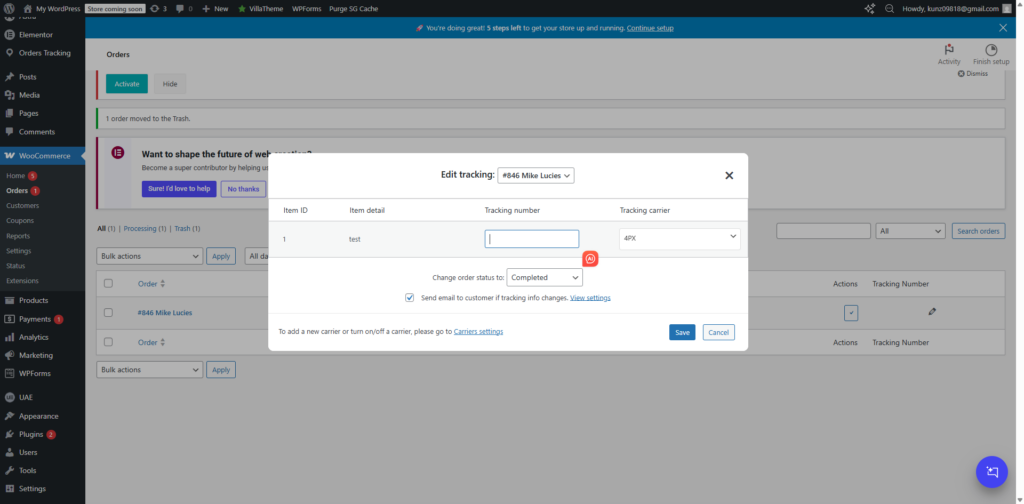 Orders Tracking for WooCommerce 添加 tracking number