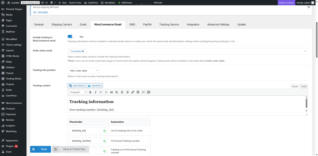 Orders Tracking for WooCommerce 插入 WooCommerce 邮件物流信息